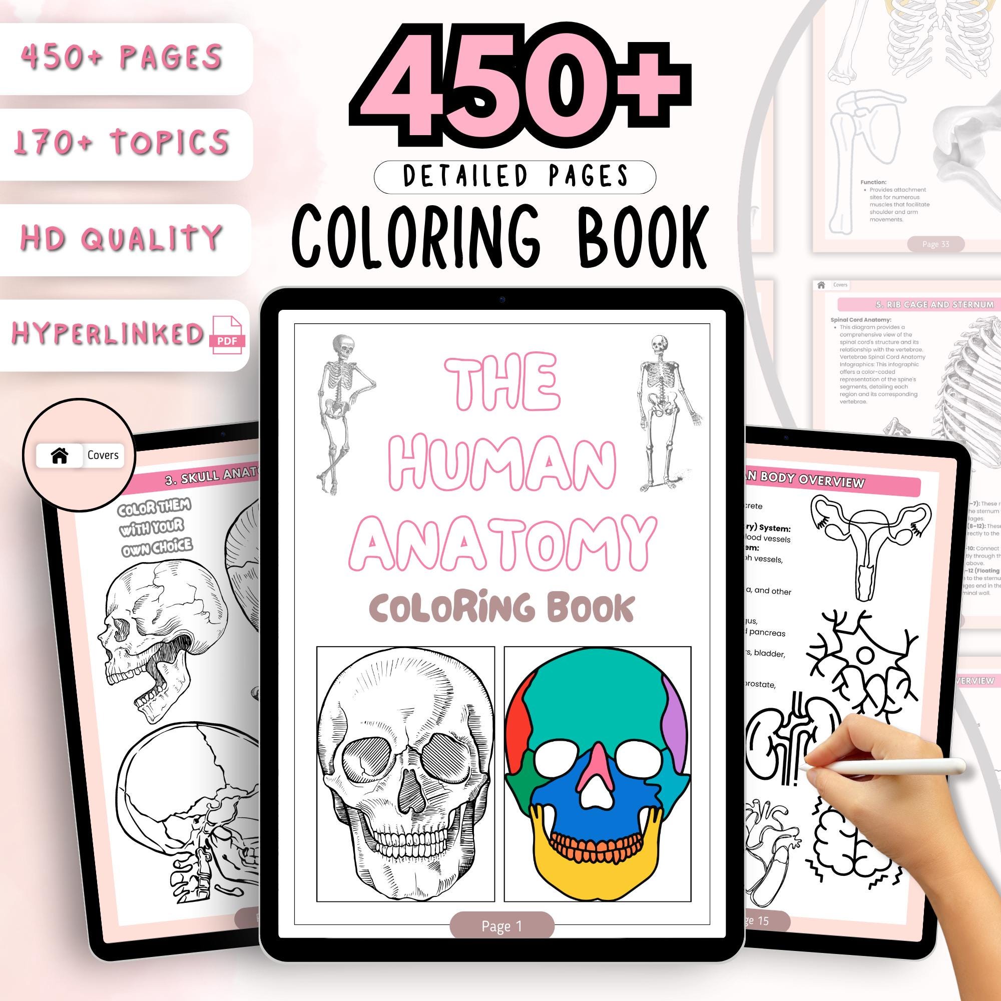 Libro para colorear de anatomía humana — Diagramas corporales imprimibles para estudiantes de medicina y aprendices visuales