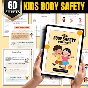 Puede incluir: Una tableta digital que muestra una hoja de trabajo para niños sobre seguridad corporal. La hoja de trabajo presenta a dos niños de dibujos animados sonriendo y tomándose de la mano. El texto en la tableta dice "Kids Body Safety Worksheets, My Body, My Safety".