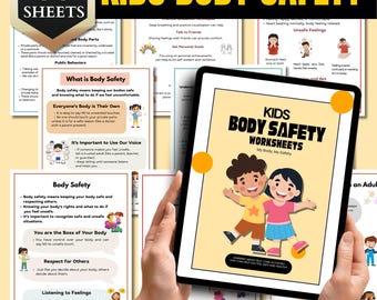 May include: A digital tablet displaying a worksheet for kids about body safety. The worksheet features two cartoon children smiling and holding hands. The text on the tablet reads "Kids Body Safety Worksheets, My Body, My Safety".