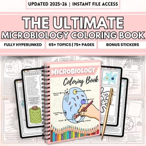 Op de afbeelding: Een roze spiraalgebonden kleurboek getiteld "The Ultimate Microbiology Coloring Book" met de tekst "UPDATED 2025-26 | INSTANT FILE ACCESS". De omslag toont een celdiagram dat wordt ingekleurd. Bevat 65+ onderwerpen en 75+ pagina's.