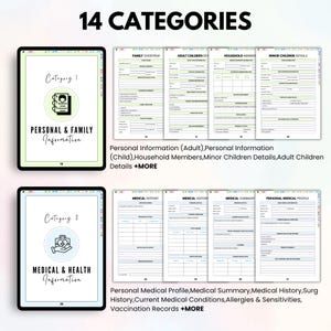 May include: Digital planner with 14 categories, including Personal & Family Information and Medical & Health Information. The planner features detailed forms for adults, children, and medical records. The text "14 CATEGORIES" is at the top.