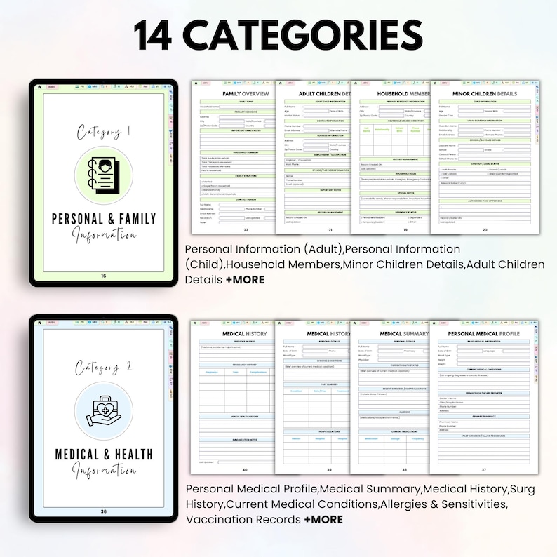 May include: Digital planner with 14 categories, including Personal & Family Information and Medical & Health Information. The planner features detailed forms for adults, children, and medical records. The text "14 CATEGORIES" is at the top.
