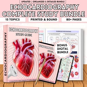 May include: A pink study guide and digital bundle for echocardiography. The cover of the guide features a detailed illustration of a red heart. The bundle includes 15 topics and over 80 pages. The text reads "Echocardiography Complete Study Bundle."