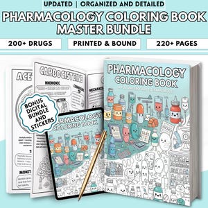 May include: A pharmacology coloring book bundle with a fun and easy way to learn drugs. The bundle includes a printed and bound book, a digital bundle, and stickers. The cover features cartoon illustrations of medicine bottles and pills.