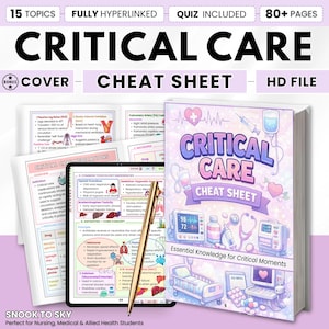 May include: A stack of medical study guides titled "Critical Care Cheat Sheet" with a pen and tablet. The cover is light purple with medical illustrations. The tablet displays medical information. The text includes "15 Topics," "Fully Hyperlinked," and "80+ Pages."