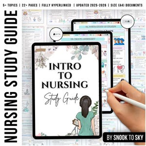 Peut inclure: Un guide d'étude numérique pour une introduction aux soins infirmiers. Le guide présente une illustration de dessin animé d'une infirmière avec un stéthoscope et un livre. Le texte "INTRO TO NURSING Study Guide" est affiché sur la couverture. Le guide est disponible en téléchargement numérique.