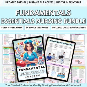 Könnte beinhalten: Ein digitales und druckbares Fundamentals Essentials Nursing Bundle. Das Bild zeigt zwei Tablets mit Inhalten zur Krankenpflegeausbildung. Ein Tablet zeigt eine Krankenschwester-Illustration, das andere eine Klassenzene. Das Bundle enthält 24 Themen, 157 Seiten, ein Quiz und Bonus-Cover.
