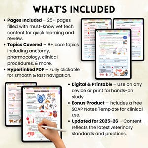 May include: Digital veterinary tech study guides on tablets. The image includes text: "WHAT'S INCLUDED" and bullet points detailing the content, including pages, topics, and a hyperlinked PDF. Also includes a bonus SOAP Notes Template.