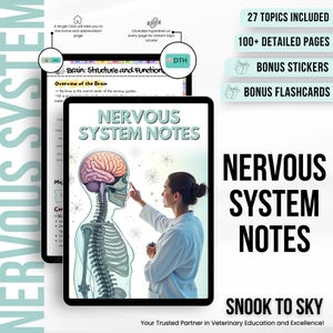 Könnte beinhalten: Ein digitales Tablet zeigt eine farbenfrohe Illustration des Nervensystems, wobei eine Frau auf das Gehirn zeigt. Der Text "NERVOUS SYSTEM NOTES" wird in großen, fetten Buchstaben angezeigt. Der Text "SNOOK TO SKY" wird in einer kleineren Schriftart am unteren Bildschirmrand angezeigt. Der Text "Your Trusted Partner in Veterinary Education and Excellence!" wird unter dem Firmennamen angezeigt.