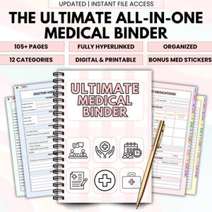 Op de afbeelding: Een spiraalgebonden medische map met de titel "THE ULTIMATE ALL-IN-ONE MEDICAL BINDER" in zwart en roze. De map bevat secties voor dokterbezoeken en medicatietracking. Een gouden pen is zichtbaar. De tekst bevat "105+ PAGES", "12 CATEGORIES", "FULLY HYPERLINKED", "DIGITAL & PRINTABLE", "ORGANIZED" en "BONUS MED STICKERS".