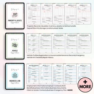May include: A digital planner with three categories: Property & Assets, Vehicle, and Business & Job Information. Each category has a corresponding icon and detailed forms for record-keeping. The planner includes sections for property records, vehicle profiles, and employment information.
