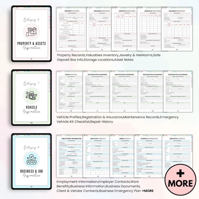 May include: A digital planner with three categories: Property & Assets, Vehicle, and Business & Job Information. Each category has a corresponding icon and detailed forms for record-keeping. The planner includes sections for property records, vehicle profiles, and employment information.