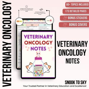 Pode incluir: Um tablet digital que exibe notas de oncologia veterinária com um esquema de cores rosa, roxo e branco. O tablet apresenta uma ilustração de desenho animado de dois gatos e um frasco de pílulas. O texto "Veterinary Oncology Notes" é exibido em uma fonte grande e em negrito. O texto "Snook to Sky" é exibido em uma fonte menor abaixo da ilustração. O texto "Your Trusted Partner in Veterinary Education and Excellence!" é exibido abaixo do texto "Snook to Sky".