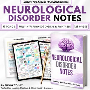 May include: A digital and printable study guide titled "Neurological Disorder Notes" with 125 pages. The cover features a purple brain illustration. The guide includes 37 topics and is fully hyperlinked. Also included are quizzes. The guide is designed for nursing, medical, and allied health students.