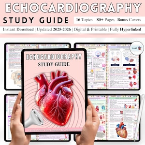 Könnte beinhalten: Ein digitales Echokardiographie-Studienhandbuch auf einem Tablet, das eine detaillierte Herzillustration zeigt. Der Leitfaden umfasst 16 Themen, über 80 Seiten und Bonus-Cover. Der Text lautet "ECHOCARDIOGRAPHY STUDY GUIDE" und "Instant Download | Updated 2025-2026".