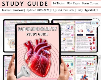 May include: A digital echocardiography study guide on a tablet, showing a detailed heart illustration. The guide includes 16 topics, 80+ pages, and bonus covers. The text reads "ECHOCARDIOGRAPHY STUDY GUIDE" and "Instant Download | Updated 2025-2026".