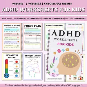 ADHD Worksheets For Kids, 20 Bonus Cover Pages, ADHD Kids Guide, 200 Pdf Pages, Mindful Kids, Kids Self-Help, ADHD Self-Regulate