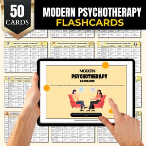 Könnte beinhalten: Ein Satz von 50 Karteikarten für moderne Psychotherapie. Die Karten werden mit einem Tablet angezeigt, das den Titel "Modern Psychotherapy Flashcards" anzeigt. Das Bild zeigt auch den Text "Boost client progress with modern psychotherapy flashcards, actionable strategies and expert insights for effective therapy."