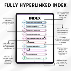 K&ouml;nnte beinhalten: Ein digitales Tablet zeigt einen Mathematik-Index mit Themen wie Funktionen, Gleichungen, Trigonometrie und Analysis. Der Titel lautet "FULLY HYPERLINKED INDEX". Pfeile zeigen auf Abschnitte mit Beschreibungen.