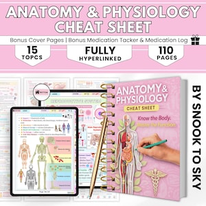May include: A pink Anatomy & Physiology Cheat Sheet book with gold spiral binding, a tablet, and a gold pen. The book cover features an illustration of the human body and the text "Know the Body. Master the Function." The tablet displays anatomical diagrams.