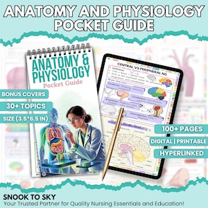 Puede incluir: Guía de bolsillo de anatomía y fisiología con cubiertas adicionales y más de 30 temas. El tamaño es de 8,9 x 16,5 cm. La imagen muestra una tableta digital con diagramas anatómicos y un bolígrafo dorado. La guía es digital, imprimible e hipervinculada.