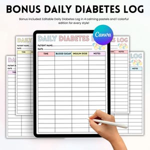 Puede incluir: Plantilla de registro diario de diabetes imprimible con colores pastel. La plantilla incluye columnas para la hora, el az&uacute;car en sangre, la dosis de insulina y las notas. La plantilla est&aacute; dise&ntilde;ada para ayudar a las personas con diabetes a controlar sus niveles de az&uacute;car en sangre y sus dosis de insulina.