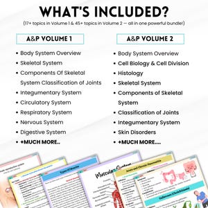 May include: A graphic with the text "WHAT'S INCLUDED?" lists topics from A&P Volume 1 and Volume 2, including body systems, skeletal systems, and skin disorders. Colorful flashcards are visible at the bottom.