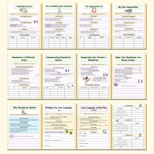 K&ouml;nnte beinhalten: Eine Sammlung von druckbaren Arbeitsbl&auml;ttern auf cremefarbenem Hintergrund. Die Arbeitsbl&auml;tter behandeln Themen wie Validierung, t&auml;gliche Verbindung und Grenzen. Jedes Blatt hat einen Titel und Abschnitte f&uuml;r Notizen und Beispiele.