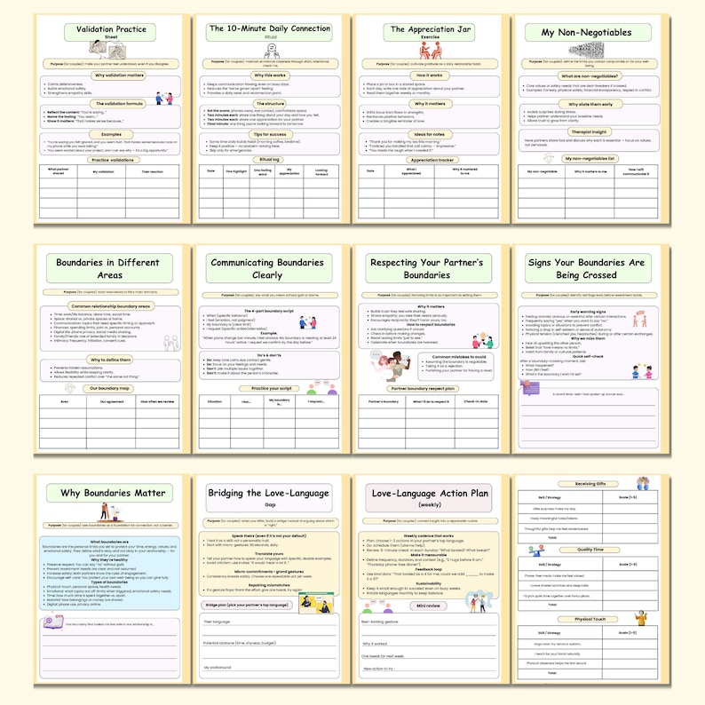 K&ouml;nnte beinhalten: Eine Sammlung von druckbaren Arbeitsbl&auml;ttern auf cremefarbenem Hintergrund. Die Arbeitsbl&auml;tter behandeln Themen wie Validierung, t&auml;gliche Verbindung und Grenzen. Jedes Blatt hat einen Titel und Abschnitte f&uuml;r Notizen und Beispiele.