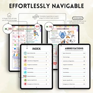 May include: A digital tablet displays a medical reference guide titled "Effortlessly Navigable." The screen shows an index, abbreviations, and general reference pages. The guide features clickable hyperlinks and a home page link.