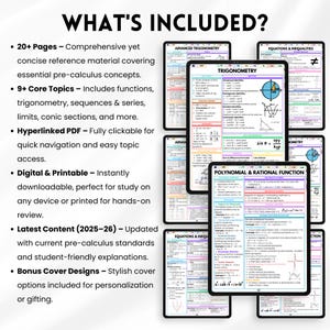 K&ouml;nnte beinhalten: Digitale Pre-Calculus-Lernleitf&auml;den auf Tablets. Die Leitf&auml;den behandeln Themen wie Trigonometrie und Gleichungen. Der Text "WHAT'S INCLUDED?" steht oben, mit Aufz&auml;hlungszeichen, die den Inhalt beschreiben.