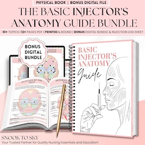 May include: A spiral-bound book titled The Basic Injector's Anatomy Guide featuring a line drawing of a face and a syringe. The bundle includes a bonus digital file, an open book showing facial muscles and arteries, and a gold pen on a pink background.