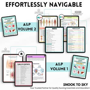 May include: Anatomy and Physiology study guides, Volume 1 and 2, displayed on tablets. The guides feature illustrations of human anatomy and physiology, including the human body systems, index, and abbreviations. The text "Effortlessly Navigable" is at the top.