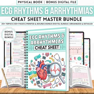 May include: A spiral-bound ECG Rhythms & Arrhythmias Cheat Sheet Master Bundle with a teal cover featuring a heart illustration, a magnifying glass, and medical icons. The bundle includes a physical book and a bonus digital file with 60+ pages.