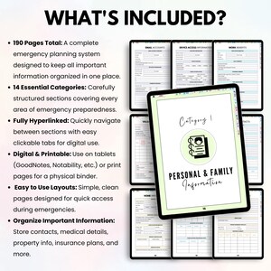 May include: Digital emergency planning system displayed on a tablet, featuring sections for personal and family information, email accounts, and more. The image includes a list of features such as 190 pages, 14 categories, and digital/printable options.