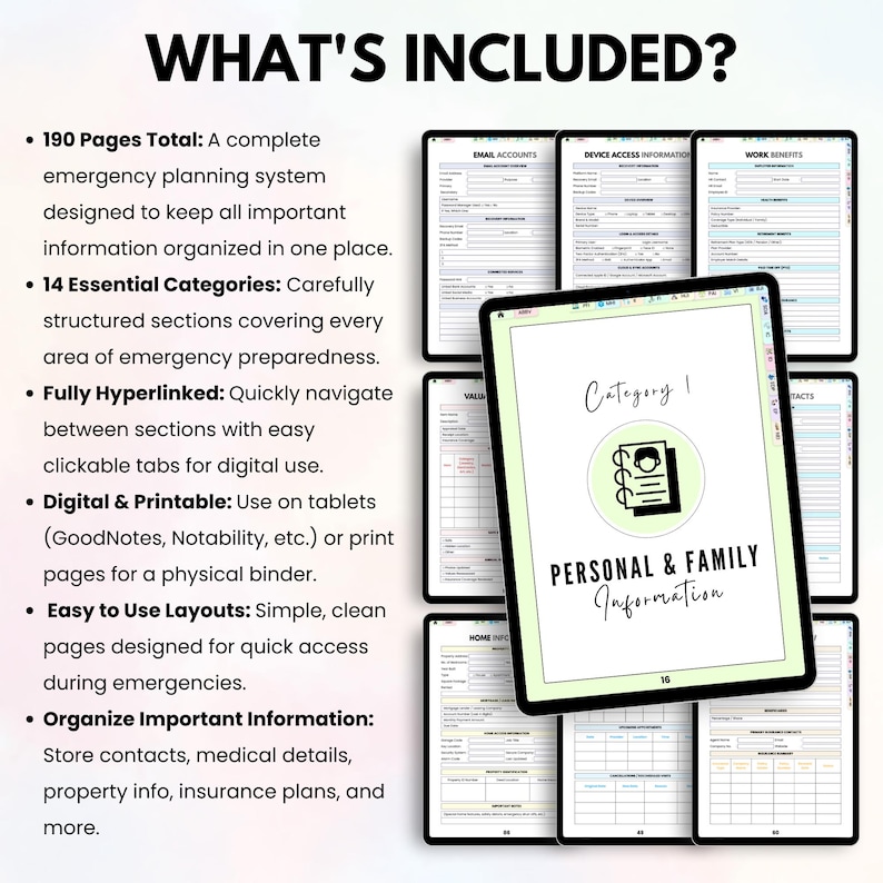 May include: Digital emergency planning system displayed on a tablet, featuring sections for personal and family information, email accounts, and more. The image includes a list of features such as 190 pages, 14 categories, and digital/printable options.
