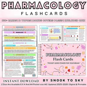 May include: Pharmacology flashcards with the title "Pharmacology Flash Cards" and the tagline "Pocket-Sized Power for Your Brain." The cards cover 8 topics and include a quiz. The image also includes the text "Instant Download" and "Digital & Printable."