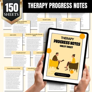 May include: A digital tablet displaying "Therapy Progress Notes Cheat Sheet" with an illustration of a therapist and patient. The image also shows multiple pages with therapy notes and the text "150 Sheets".