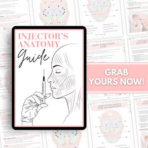 May include: A digital tablet displays a black and white illustration of a woman's face with muscle anatomy, holding a syringe. The text "INJECTOR'S ANATOMY Guide" is above the illustration. Surrounding pages show facial anatomy diagrams and post-injection care information.