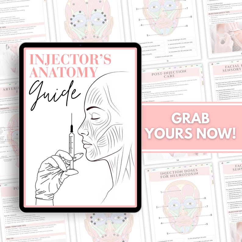 May include: A digital tablet displays a black and white illustration of a woman's face with muscle anatomy, holding a syringe. The text "INJECTOR'S ANATOMY Guide" is above the illustration. Surrounding pages show facial anatomy diagrams and post-injection care information.