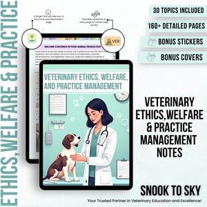 May include: A digital illustration of a veterinarian examining a dog. The image is for a set of veterinary ethics, welfare, and practice management notes. The notes include 30 topics, 160+ pages, bonus stickers, and bonus covers. The text "Snook to Sky" is at the bottom of the image.