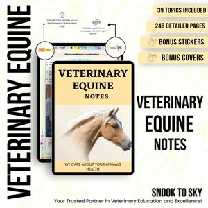 May include: A digital tablet displaying a cover for Veterinary Equine Notes. The cover features a light brown horse with a white mane and tail. The text on the cover reads "Veterinary Equine Notes" and "We care about your animals health". The text "Snook to Sky" is displayed at the bottom of the image.