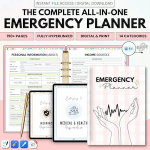 May include: An emergency planner with the title "The Complete All-In-One Emergency Planner" is displayed. The planner includes sections for personal information, income sources, and medical information. The planner is digital and print, with 190+ pages and 14 categories.