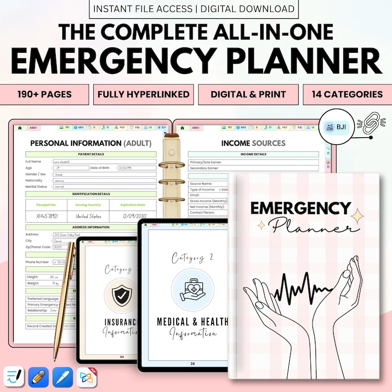 May include: An emergency planner with the title "The Complete All-In-One Emergency Planner" is displayed. The planner includes sections for personal information, income sources, and medical information. The planner is digital and print, with 190+ pages and 14 categories.