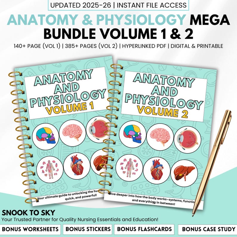 May include: Two spiral-bound books titled "Anatomy and Physiology Volume 1 & 2" with illustrations of human anatomy. The covers feature colorful diagrams of the brain, eye, and other organs. A gold pen rests beside the books. The text reads "Updated 2025-26".