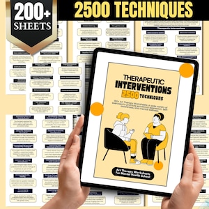 May include: A digital tablet displaying a colourful graphic of two people sitting in chairs and talking. The text on the tablet reads "Therapeutic Interventions 2500 Techniques 150+ Art Therapy Worksheets: A wide variety of exercises to promote emotional expression, self-awareness, and mental wellness. Art Therapy Worksheets For Mental Health School."