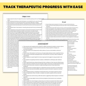 May include: A document titled "TRACK THERAPEUTIC PROGRESS WITH EASE" with lists of objectives, plans, and assessments. The text is in black font on a white background with a yellow header. The document appears to be a progress tracker for a patient.