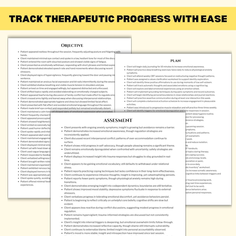 May include: A document titled "TRACK THERAPEUTIC PROGRESS WITH EASE" with lists of objectives, plans, and assessments. The text is in black font on a white background with a yellow header. The document appears to be a progress tracker for a patient.