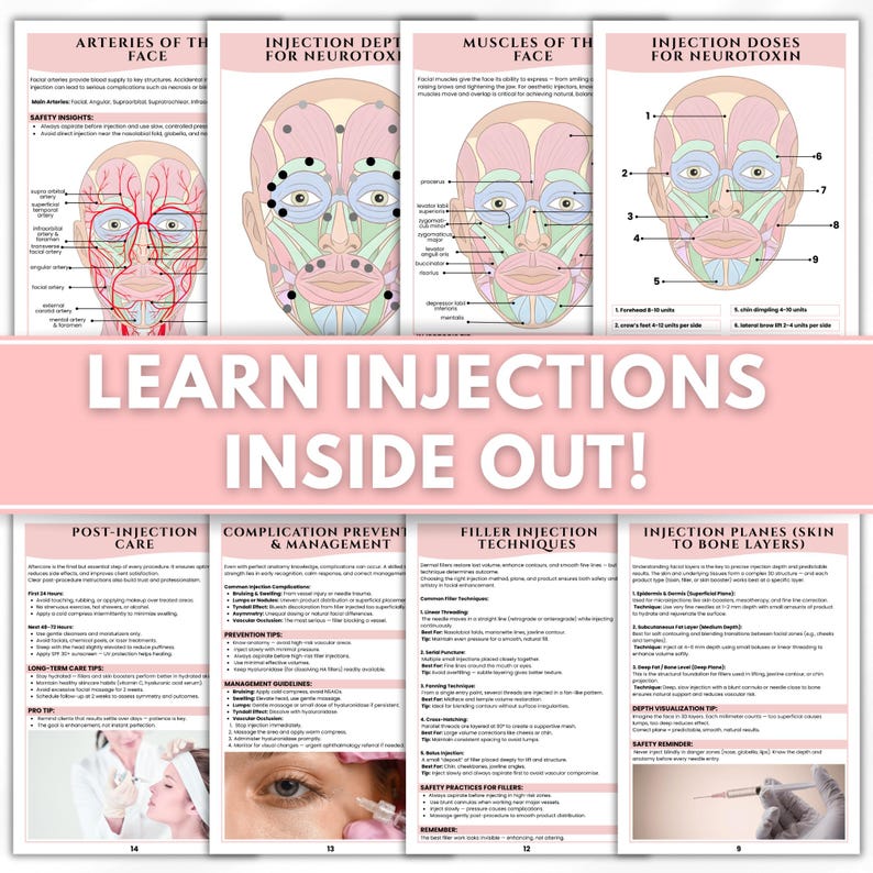 May include: A collection of educational guides on facial injections, featuring diagrams of facial anatomy, injection depths, and techniques. The guides include detailed illustrations and text, with titles such as "Arteries of the Face" and "Injection Doses for Neurotoxin."
