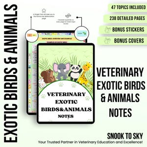 May include: A digital notebook cover with a green background and illustrations of a squirrel, elephant, panda, giraffe, and frog. The text "Veterinary Exotic Birds & Animals Notes" is displayed in a white circle. The text "Snook to Sky" is displayed in a white rectangle at the bottom of the cover.